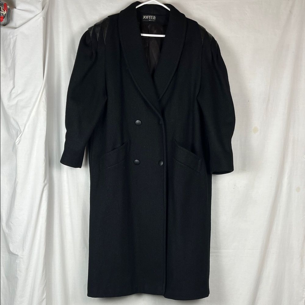 Vintage 80's Jofeld Black Wool Blend Trench Coat W/ Leather Accents